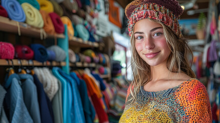 Fototapeta premium A woman is smiling and wearing a knit hat and scarf. She is standing in front of a display of colorful yarn