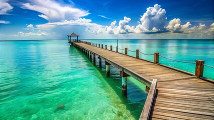 A serene seaside scene features a weathered wooden pier extending into calm turquoise water, with a stylized logo subtly integrated into the structure's railing.