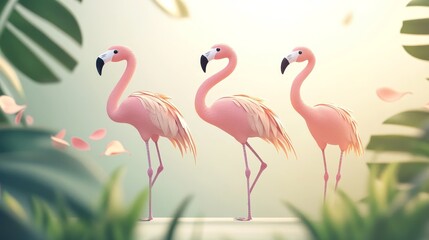 Fototapeta premium Three pink flamingos stand in a tropical setting, surrounded by lush greenery and delicate pink petals.