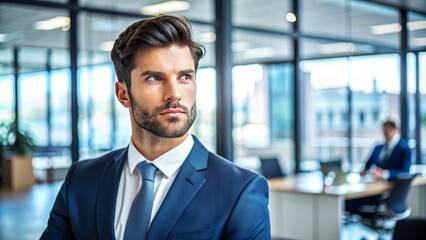 A serious young professional with a determined expression gazes intensely to the right, conveying confidence and focus in a modern office setting.