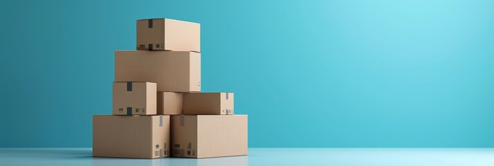 Amazon cardboard boxes stacked against a light blue background