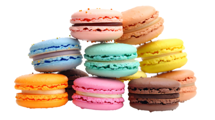Stack of colorful macarons with detailed textures and vibrant colors, isolated on a white background