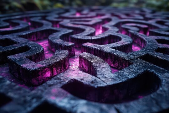 intricate maze with vibrant intertwining paths aerial view one distinct purple route abstract problemsolving concept