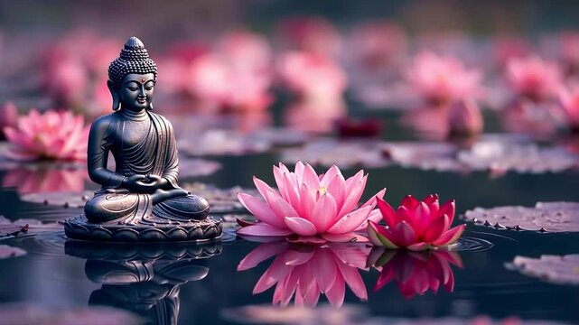 an Asian statue placed on the water next to a water lily for a zen atmosphere