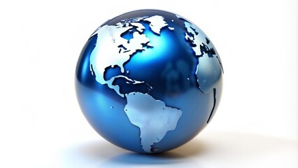 Fototapeta premium A shiny blue globe with metallic finish and reflective surface, featuring continents and oceans, serves as a modern world icon on a white background.