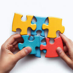 Fototapeta premium A person is holding a puzzle piece with a blue and red color. The puzzle piece is part of a larger puzzle, and the person is holding it up to show it to someone else