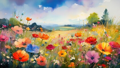 Fototapeta premium Watercolor painting depicting a colorful field of wildflowers in bloom on a sunny day
