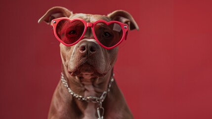 Pitbull wearing heart sunglasses with copy space on red background