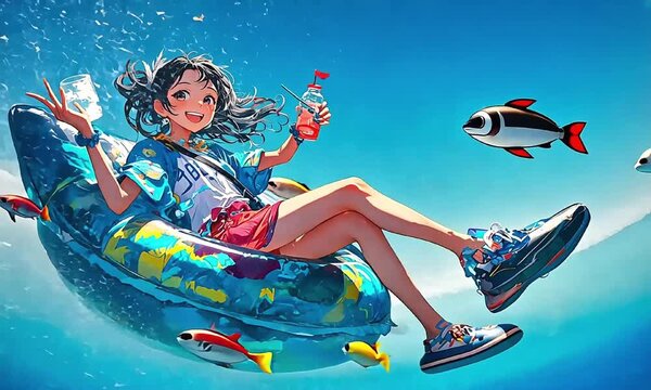 An anime cartoon image is a girl playing in the sea with a school of fish in the sea.