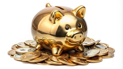 A shiny gold piggy bank filled with crisp US dollar bills and coins, isolated on a white background, symbolizing savings and financial security.