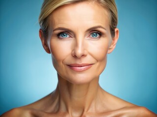 Fototapeta premium Close-up of a radiant, mature woman's face with a flawless complexion, applied facial serum glistening on her skin, set against a calming blue background.