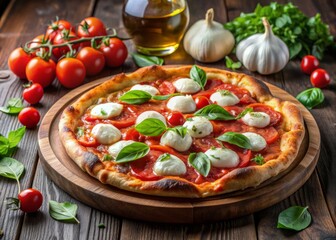 Thin crispy crust traditional margarita pizza pie topped with buffalo mozzarella cheese, fresh basil leaves, tomato, garlic, and tangy marinara sauce, perfect for a savory meal.