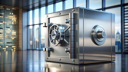 A shiny metal safe with a deposit slot on top, locked with a combination lock, set against a blurred background of a financial institution.