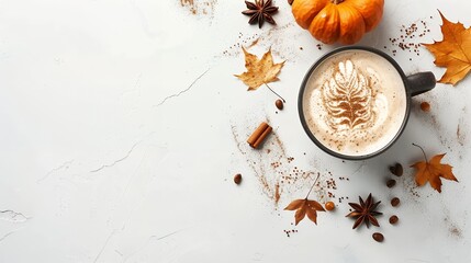 Autumn cappuccino coffee in orange cup with latte art on foam with pumpkin on white background.