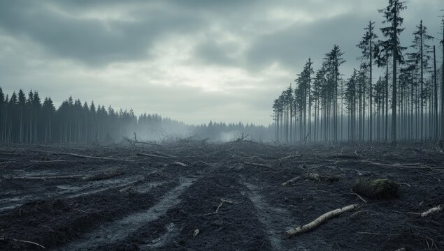 Foreboding forest clearing with fallen trees. - Powered by Adobe