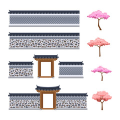 Korean hanok fence clipart set. Traditional stone fence, gate, and cherry blossom trees.