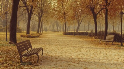 A misty autumn park with fallen leaves and two empty benches.  The path leads into the distance.