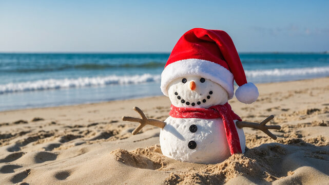 Snowman on the beach on vacation winter break