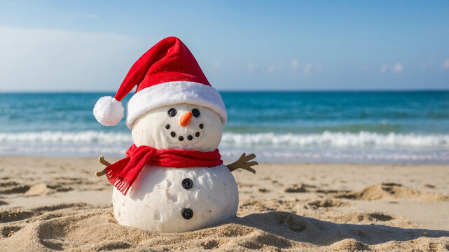 Snowman on the beach on vacation winter break