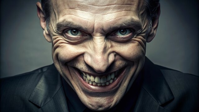 A sinister mature male with a wicked grin and gleaming eyes throws his head back in a menacing, echoing laugh, exuding malevolent intent.