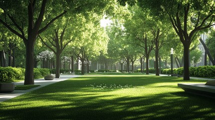 Fototapeta premium A serene park with lush green grass, vibrant trees, and a sunlit pathway.