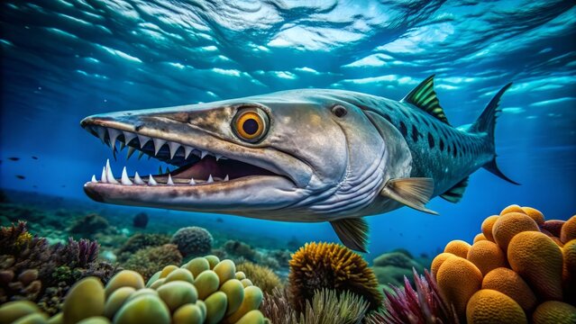 A sleek and menacing barracuda stalks its prey in the crystal-clear waters of a coral reef, its sharp teeth and piercing gaze a deadly warning.