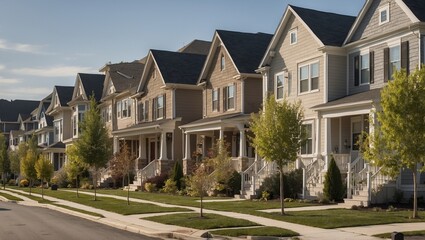 Obraz premium Row of modern suburban houses with trees lining street.