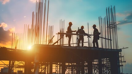 Silhouette civil site engineer and construction worker working on scaffolding in industrial construction during sunset sky background over time job