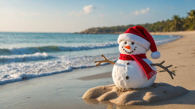 Snowman on the beach on vacation winter break
