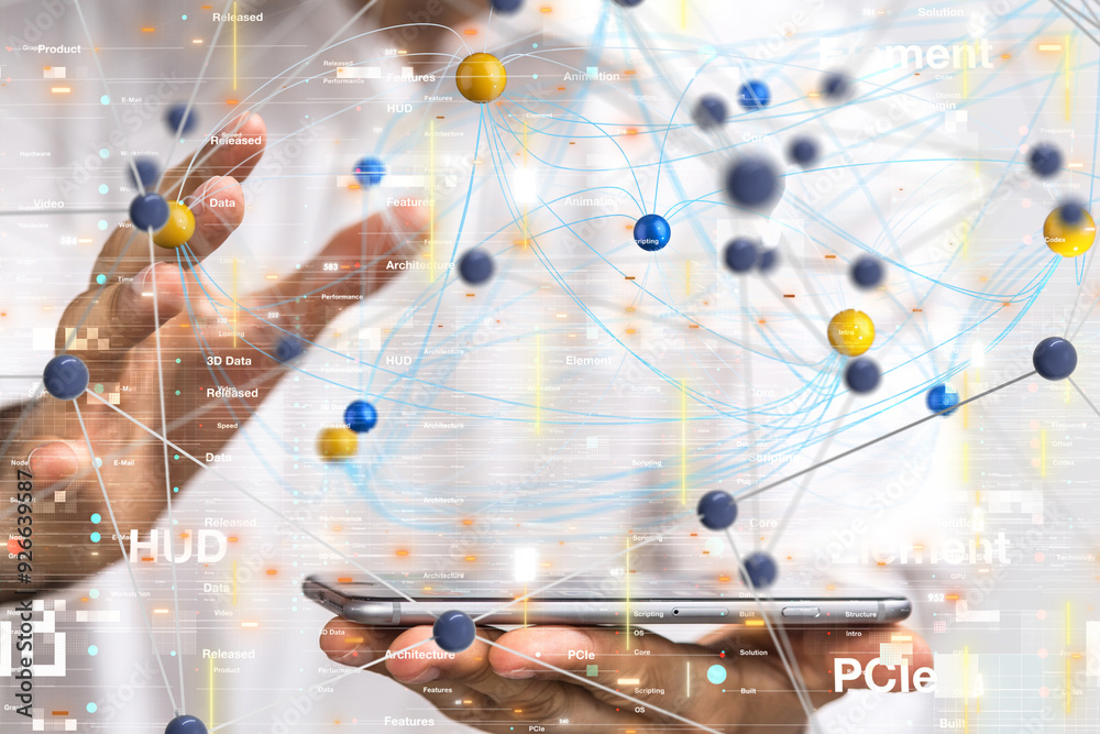 Aufkleber Global network. Blockchain. 3D illustration. Neural networks and artificial intelligence. Abstract