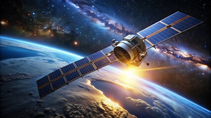 A sleek, high-tech satellite orbits the Earth, its reflective solar panels glistening as it transmits data back to the planet's surface in a starry night sky.
