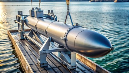 Naklejka premium A sleek, metallic grey naval torpedo, adorned with wires and sensors, rests on a launch rack, ready for underwater deployment in a high-stakes mission.