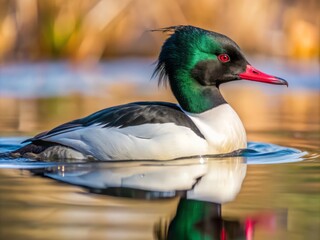 Obraz premium A sleek male Goosander, its feathers glistening, swims effortlessly on the river's surface, having just emerged from a successful dive to catch a fish underwater.