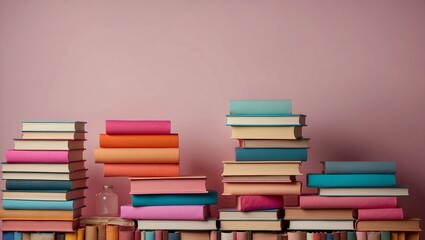 Colorful books organized artistically against a pink wall.