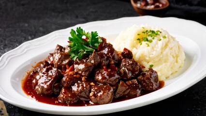 Pieces of beef heart with caramelized onions, drizzled with sauce, combined with mashed potatoes with a creamy texture, lightly seasoned with live parsley sprouts.