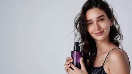 Pretty woman holding new skincare cosmetic bottle mockup of liquid makeup foundation and smiling