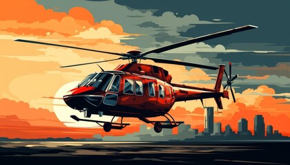 Helicopter over skyline, flat design, front view, metropolitan theme, animation, Complementary Color Scheme