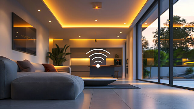 Smart home living room with wifi symbol. Generative by AI