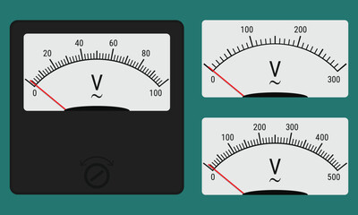 Naklejka premium Analog voltmeter with customized scale markings and gauge faces. Vector illustration, flat style