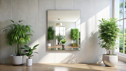 A sleek, modern wall-mounted square mirror reflecting a blurred room interior, surrounded by crisp, white minimalist decor and a splash of greenery, evoking serenity.