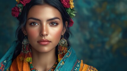 Fototapeta premium A realistic image of a Mexican woman adorned with traditional accessories like a rebozo (shawl) or handcrafted jewelry, isolated on a dark background to emphasize cultural detail and beauty 