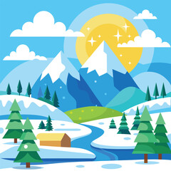 Sunny Snowy Landscape Vector Design Illustration