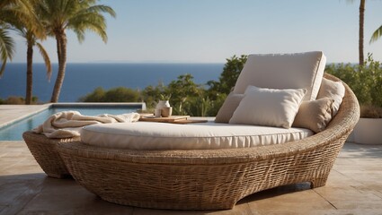 Obraz premium Cozy outdoor lounge chair beside the pool with ocean view