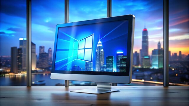 A sleek, silver icon of a window with a blue screen glows brightly on a modern computer desktop, surrounded by blurred cityscape reflections.