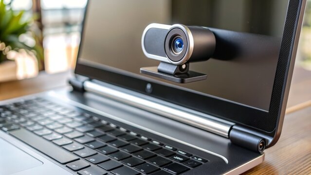 A small slider tab covers the lens of a laptop webcam, providing privacy and security from potential online snoops and hackers in the digital age.