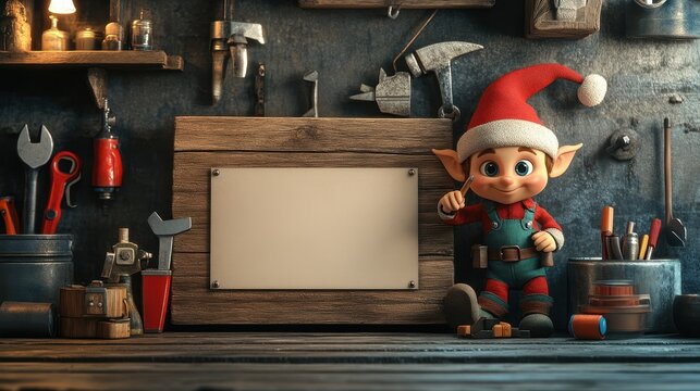 Industrious 3D cartoon toy workshop elf with blank toolbox sign, workshop wood background