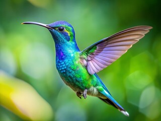 Iridescent Sparkling Violetear Hummingbird in mid-air, its radiant green throat patch and blue-purple feathers glistening against a soft, blurred green foliage background.
