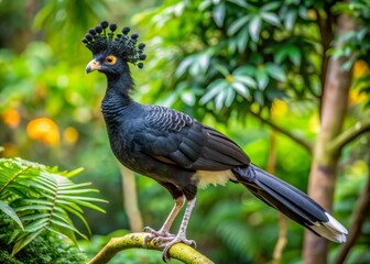 Fototapeta premium Majestic razor-billed curassow with distinctive beak and vibrant plumage perches on a branch in its native tropical rainforest habitat in South America.