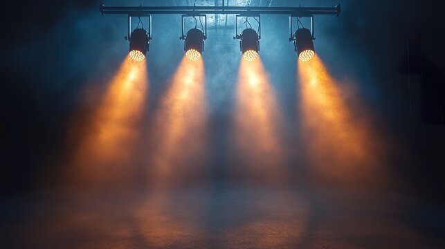 A realistic image of multiple spotlights arranged in a dramatic setup, casting bright beams of light against a dark background to capture their impact and lighting effects