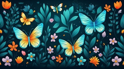 Garden background with butterflies, flat design, top view, floral theme, cartoon drawing, vivid